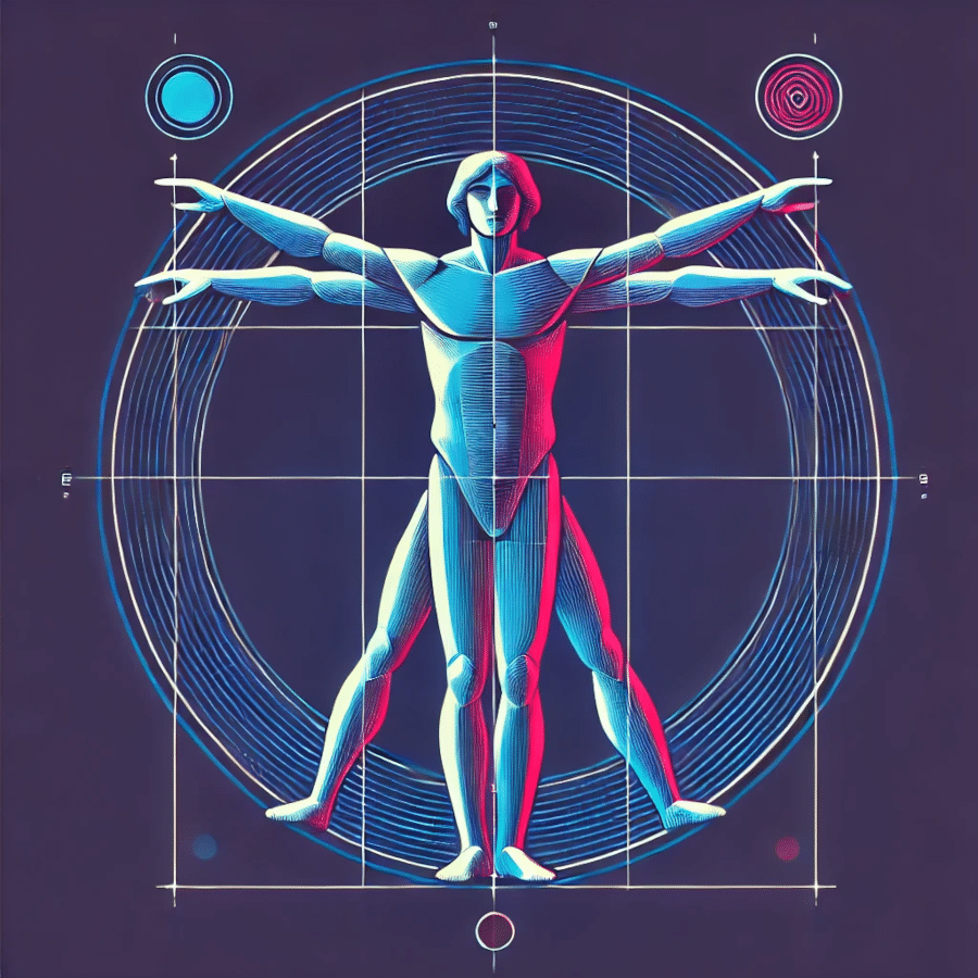 Interprétation minimaliste de L'Homme de Vitruve dans un style moderne, symbolisant la stratégie de différenciation de Geox à travers innovation et équilibre.